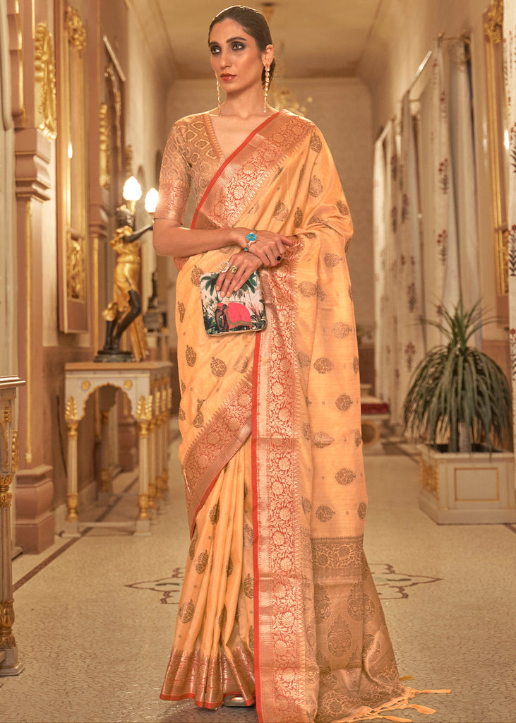 Light Orange Zari Butta Woven Tussar Silk Saree Clothsvilla