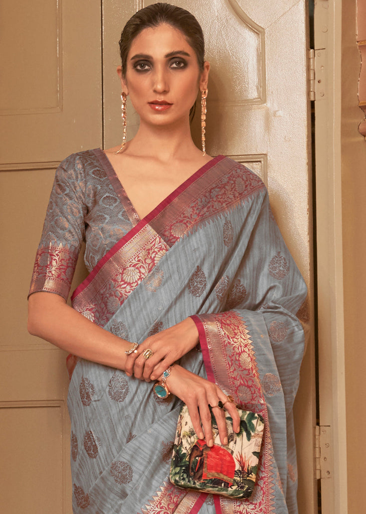 Flint Grey Zari Butta Woven Tussar Silk Saree Clothsvilla