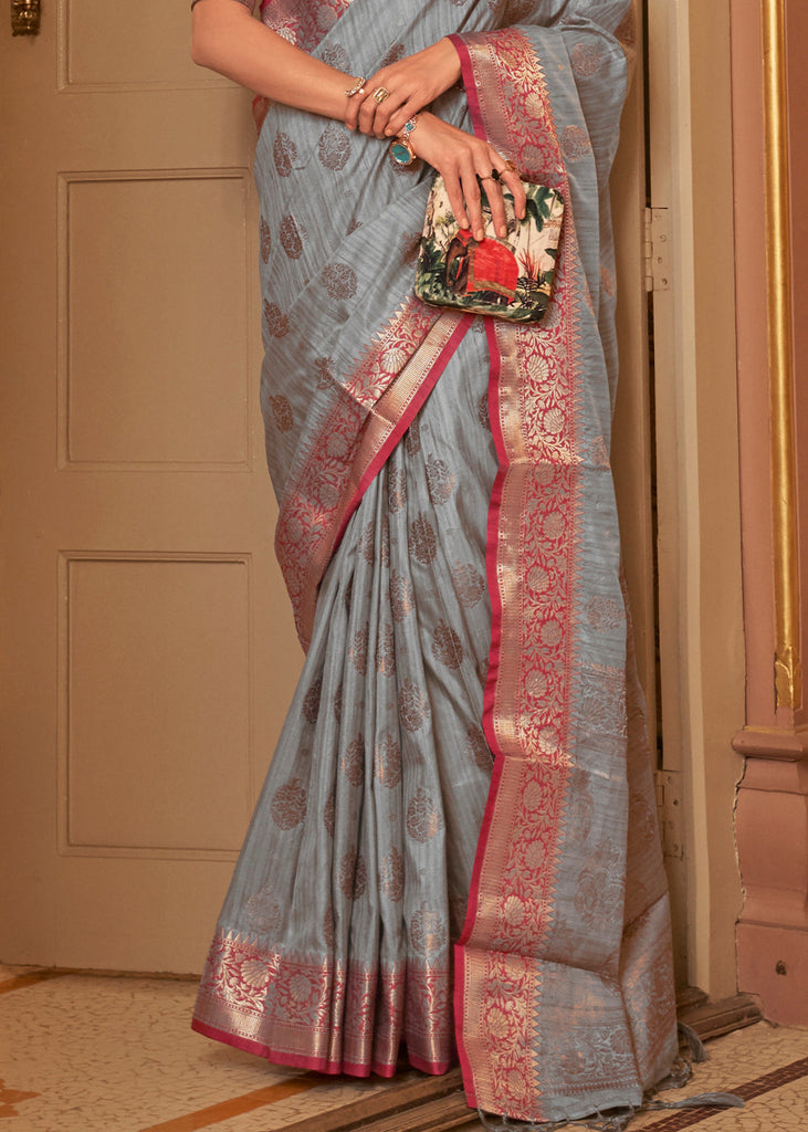 Flint Grey Zari Butta Woven Tussar Silk Saree Clothsvilla