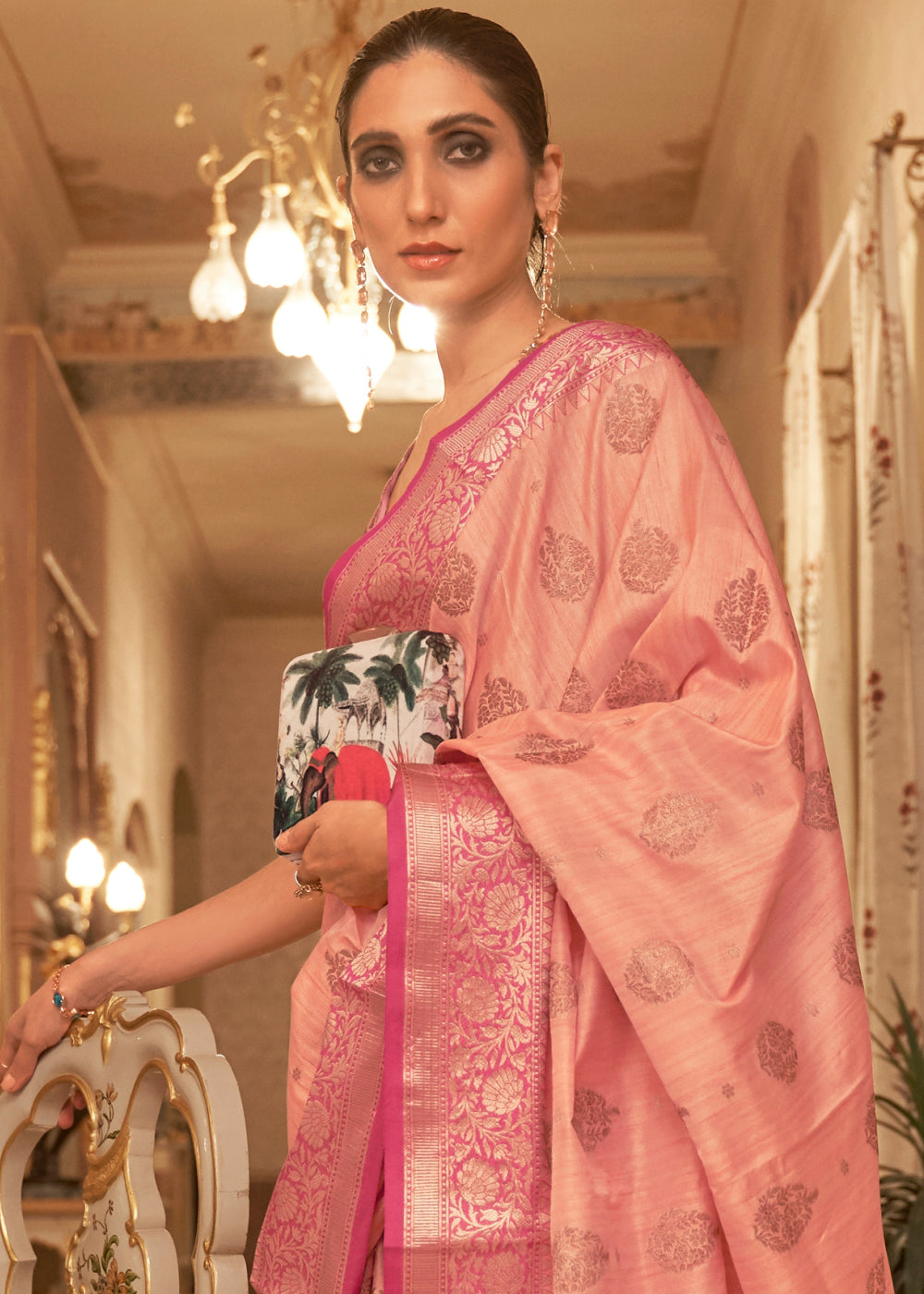 Coral Pink Zari Butta Woven Tussar Silk Saree Clothsvilla