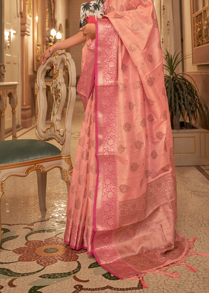 Coral Pink Zari Butta Woven Tussar Silk Saree Clothsvilla