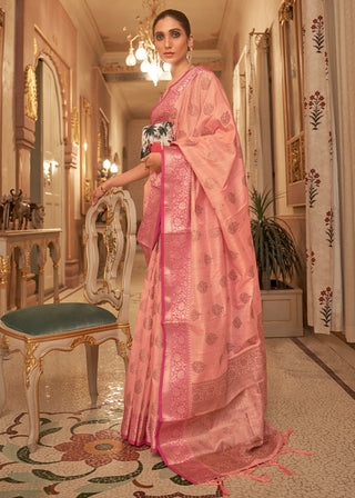 Coral Pink Zari Butta Woven Tussar Silk Saree Clothsvilla