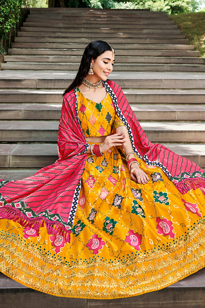 Buy Yellow Chanderi Embroidered Mirror Banarasi Floral Pattern Lehenga Set  For Women by Avnni Kapur Online at Aza Fashions.