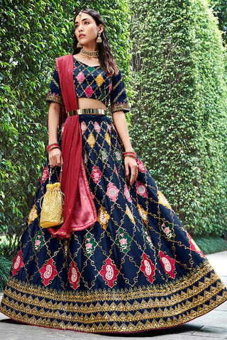 Marvelous Navy Blue Sequins Embroidered Silk Lehenga Choli ClothsVilla