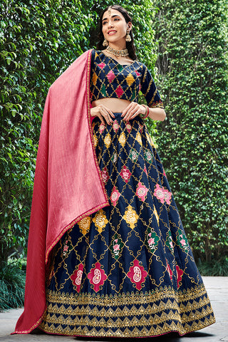 Marvelous Navy Blue Sequins Embroidered Silk Lehenga Choli ClothsVilla