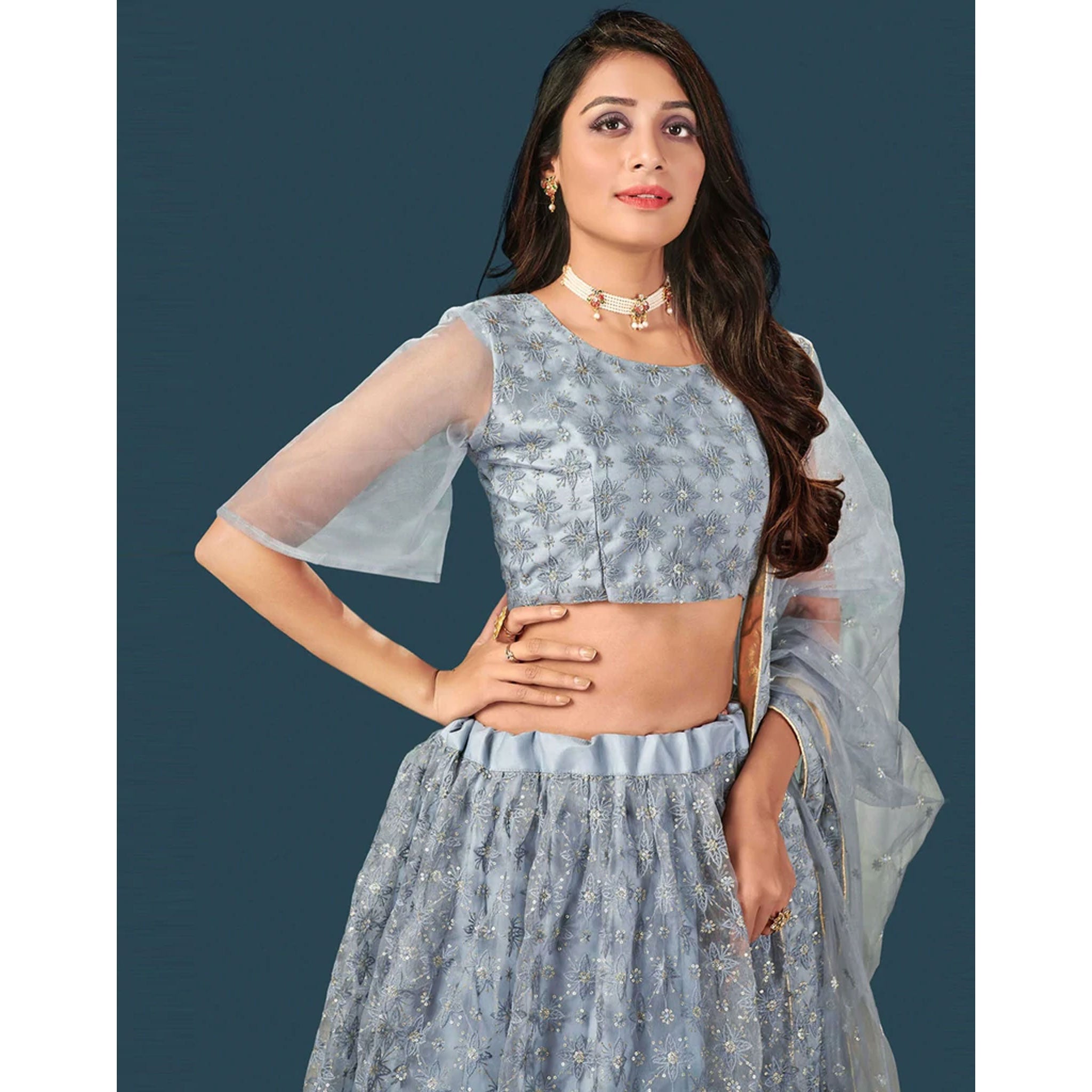 Grey Soft Net Lehenga Choli with heavy thread and sequins work ClothsVilla