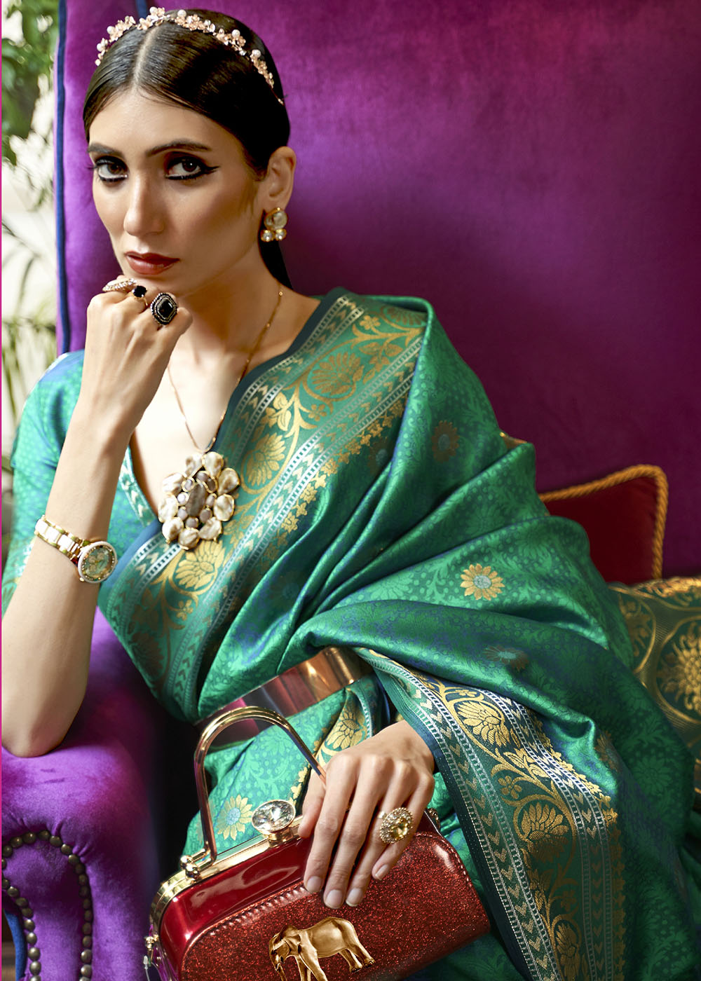 Persian Green Kanjivaram Silk Saree Woven with Silver & Golden Zari Clothsvilla