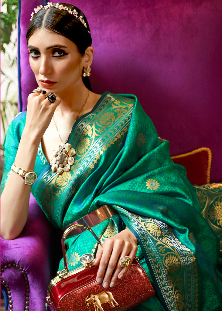 Persian Green Kanjivaram Silk Saree Woven with Silver & Golden Zari Clothsvilla