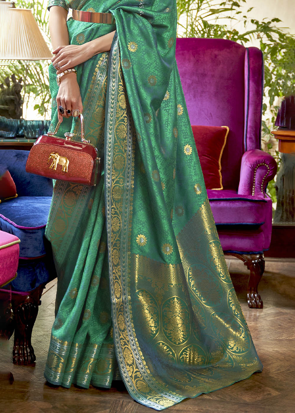 Persian Green Kanjivaram Silk Saree Woven with Silver & Golden Zari Clothsvilla
