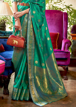 Persian Green Kanjivaram Silk Saree Woven with Silver & Golden Zari Clothsvilla