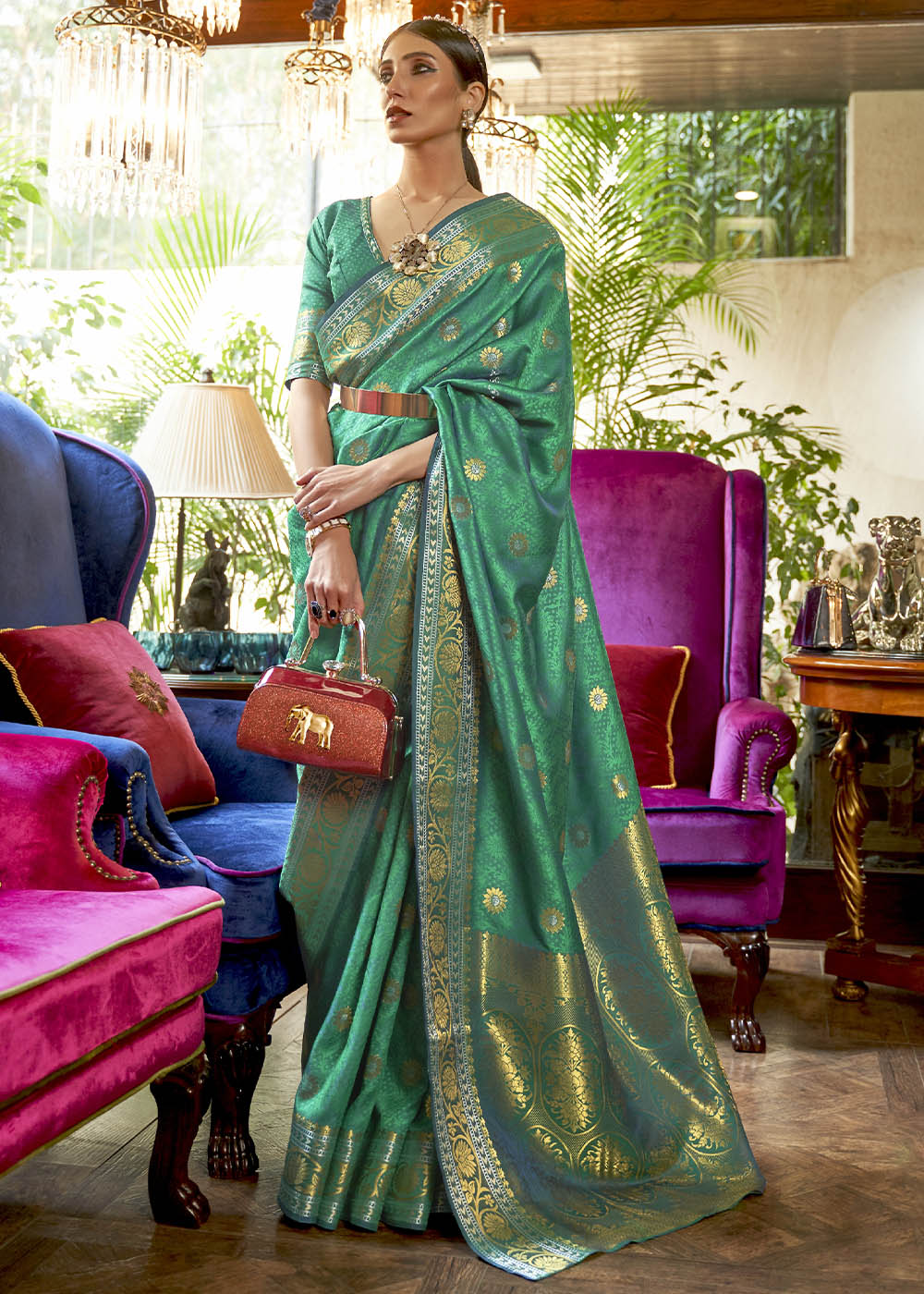 Persian Green Kanjivaram Silk Saree Woven with Silver & Golden Zari Clothsvilla