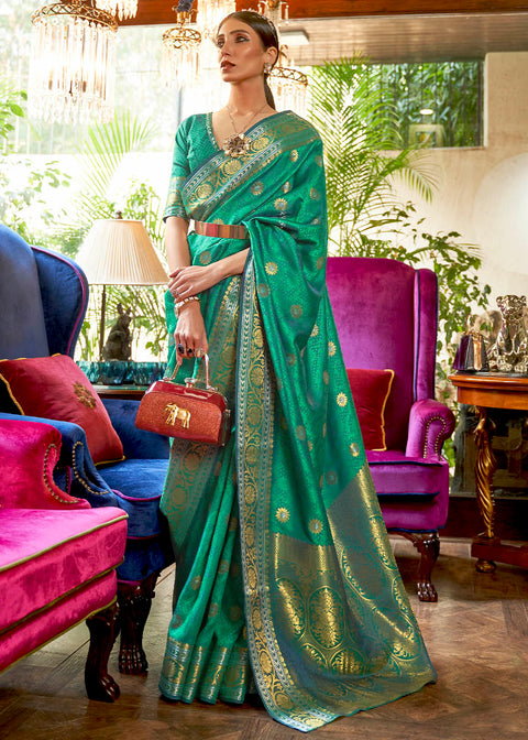 Persian Green Kanjivaram Silk Saree Woven with Silver & Golden Zari Clothsvilla Main image