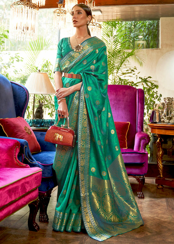 Persian Green Kanjivaram Silk Saree Woven with Silver & Golden Zari Clothsvilla