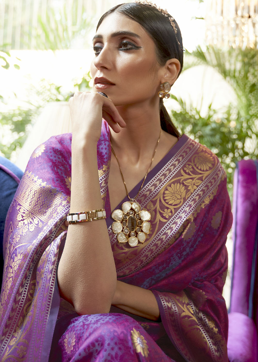 Fandango Purple Kanjivaram Silk Saree Woven with Silver & Golden Zari Secondary image