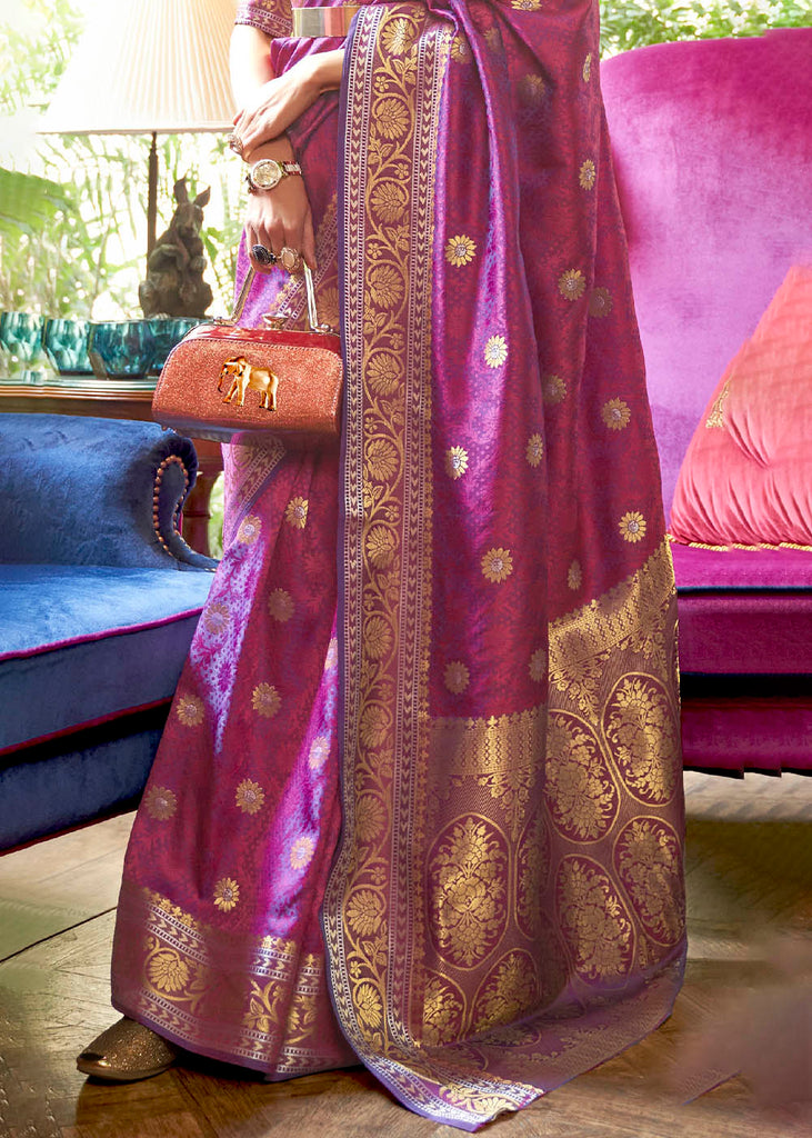 Fandango Purple Kanjivaram Silk Saree Woven with Silver & Golden Zari Clothsvilla