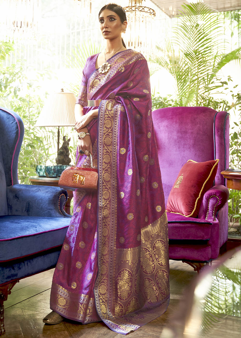 Fandango Purple Kanjivaram Silk Saree Woven with Silver & Golden Zari Clothsvilla