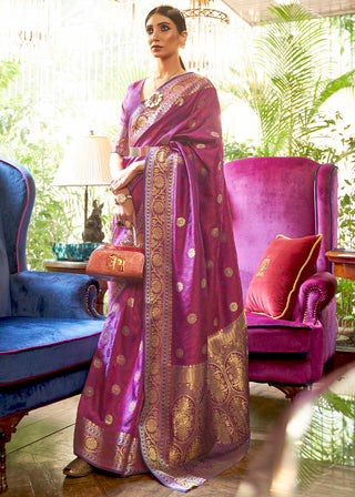 Fandango Purple Kanjivaram Silk Saree Woven with Silver & Golden Zari Clothsvilla