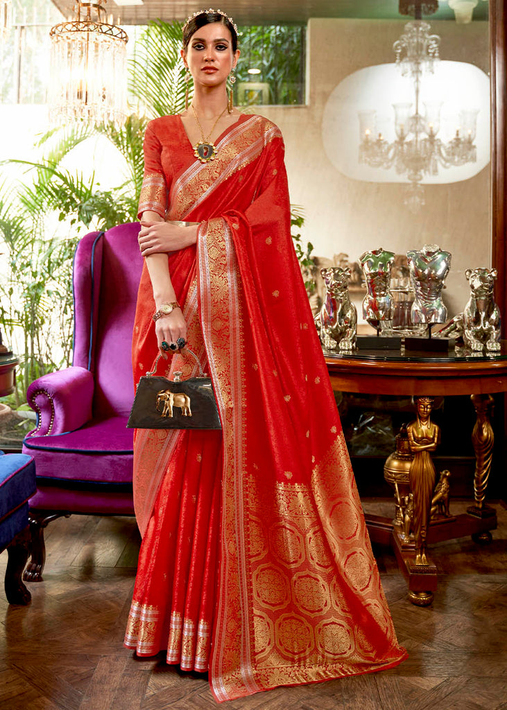 Crimson Red Kanjivaram Silk Saree Woven with Silver & Golden Zari Clothsvilla