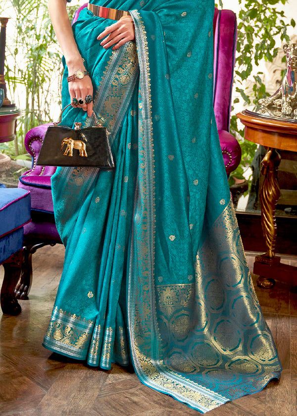 Curious Blue Kanjivaram Silk Saree Woven with Silver & Golden Zari Clothsvilla