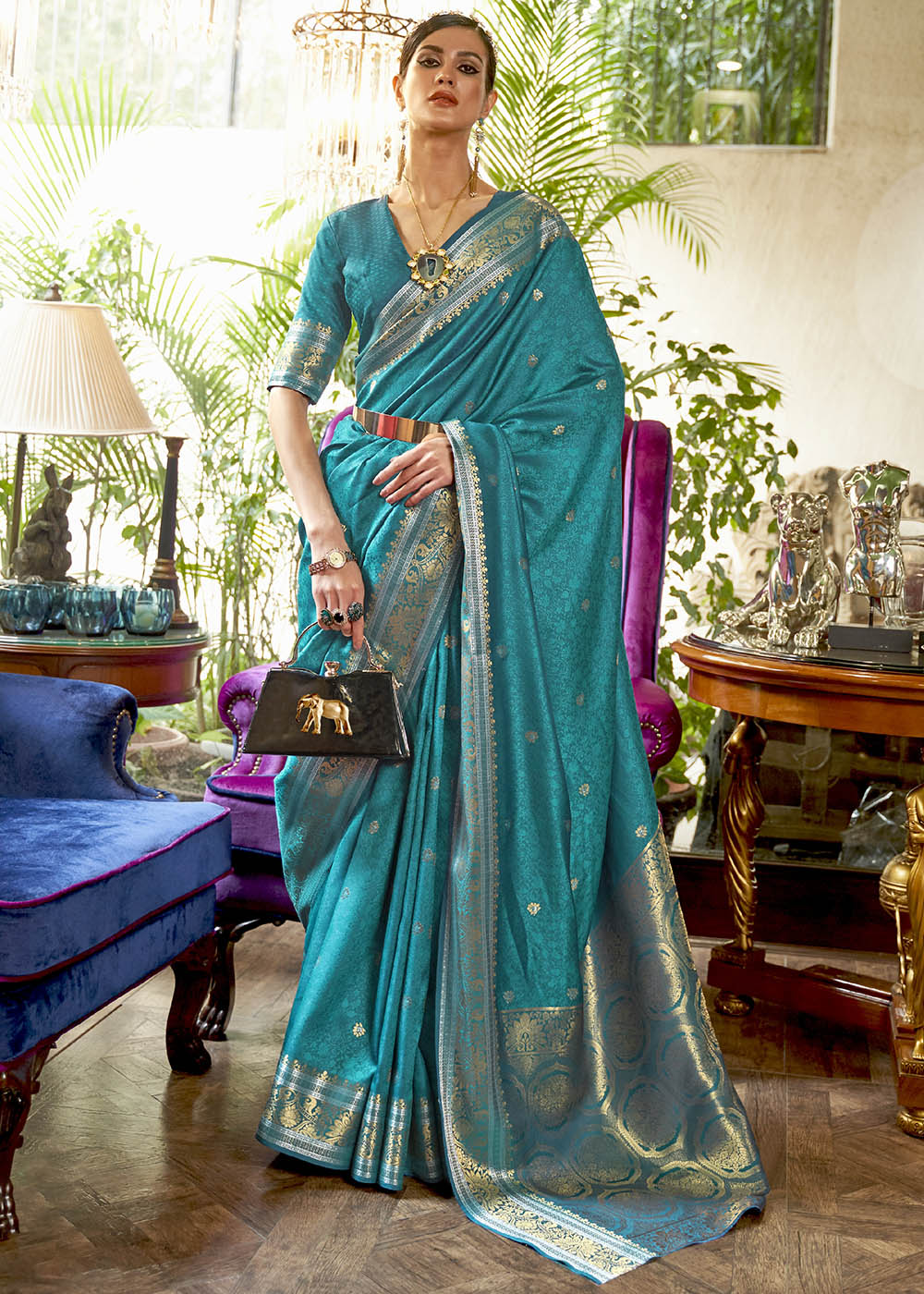 Curious Blue Kanjivaram Silk Saree Woven with Silver & Golden Zari Clothsvilla Main image