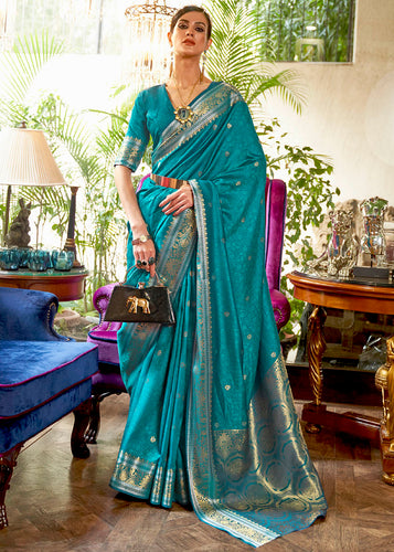Curious Blue Kanjivaram Silk Saree Woven with Silver & Golden Zari Clothsvilla