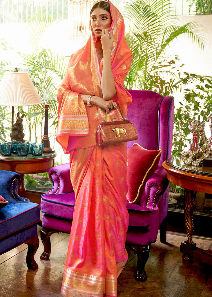 Shades Of Pink Kanjivaram Silk Saree Woven with Silver & Golden Zari Clothsvilla