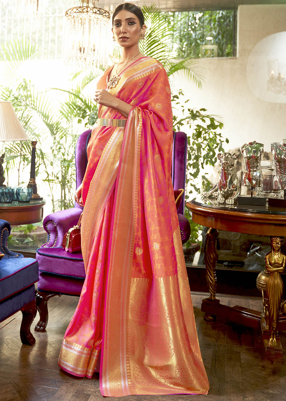 Shades Of Pink Kanjivaram Silk Saree Woven with Silver & Golden Zari Clothsvilla