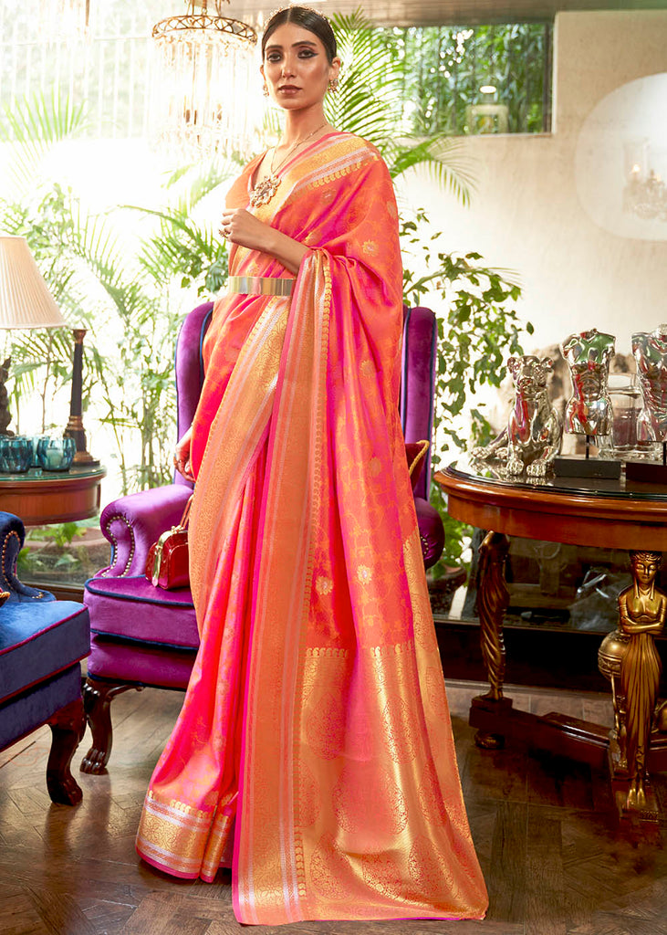 Ombre Pink Tissue Silk Saree with Gold Zari piping - Mirra Clothing