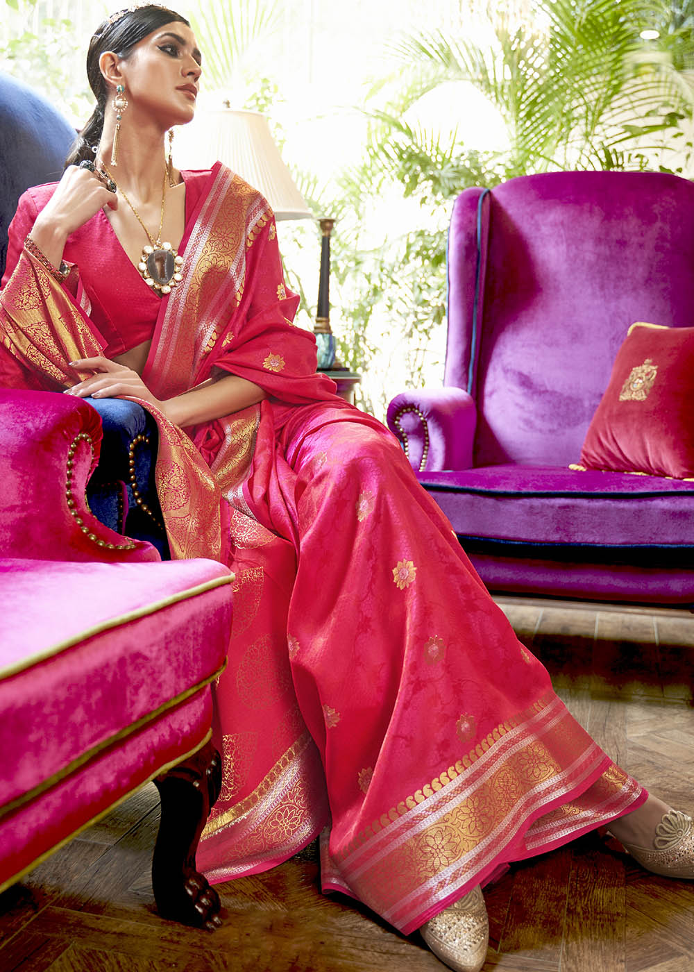 Hot Pink Kanjivaram Silk Saree Woven with Silver & Golden Zari Clothsvilla
