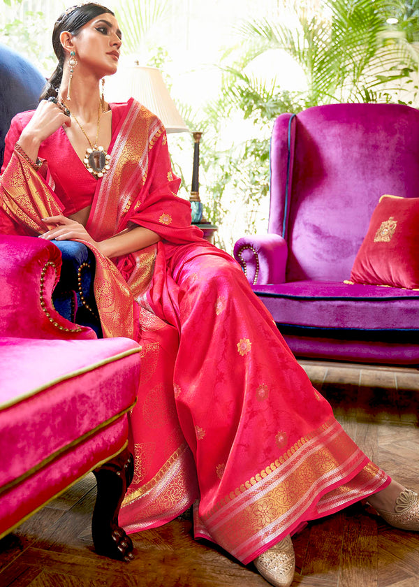 Hot Pink Kanjivaram Silk Saree Woven with Silver & Golden Zari Clothsvilla