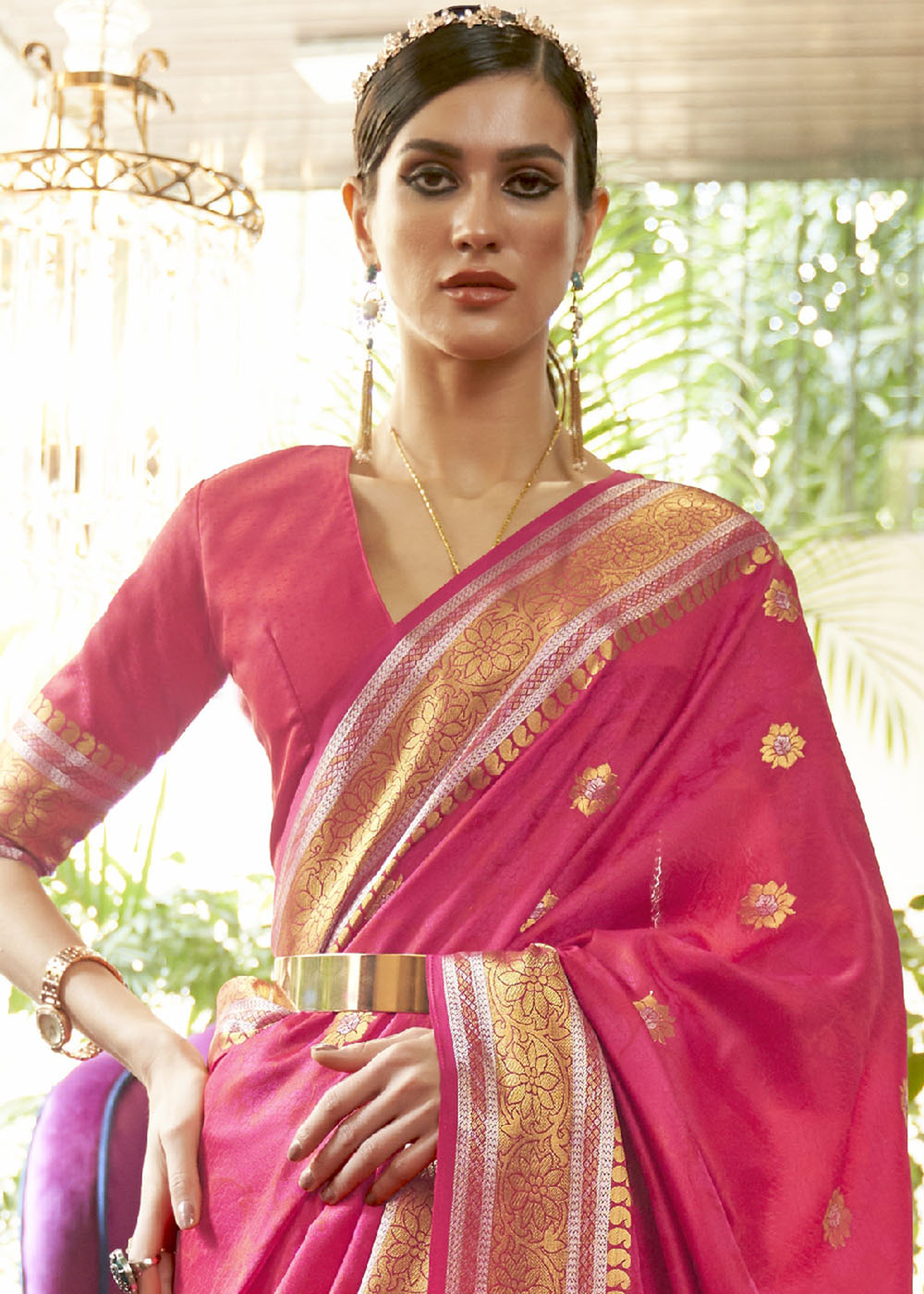 Hot Pink Kanjivaram Silk Saree Woven with Silver & Golden Zari Clothsvilla