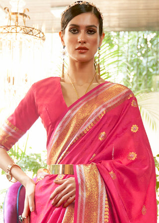 Hot Pink Kanjivaram Silk Saree Woven with Silver & Golden Zari Clothsvilla