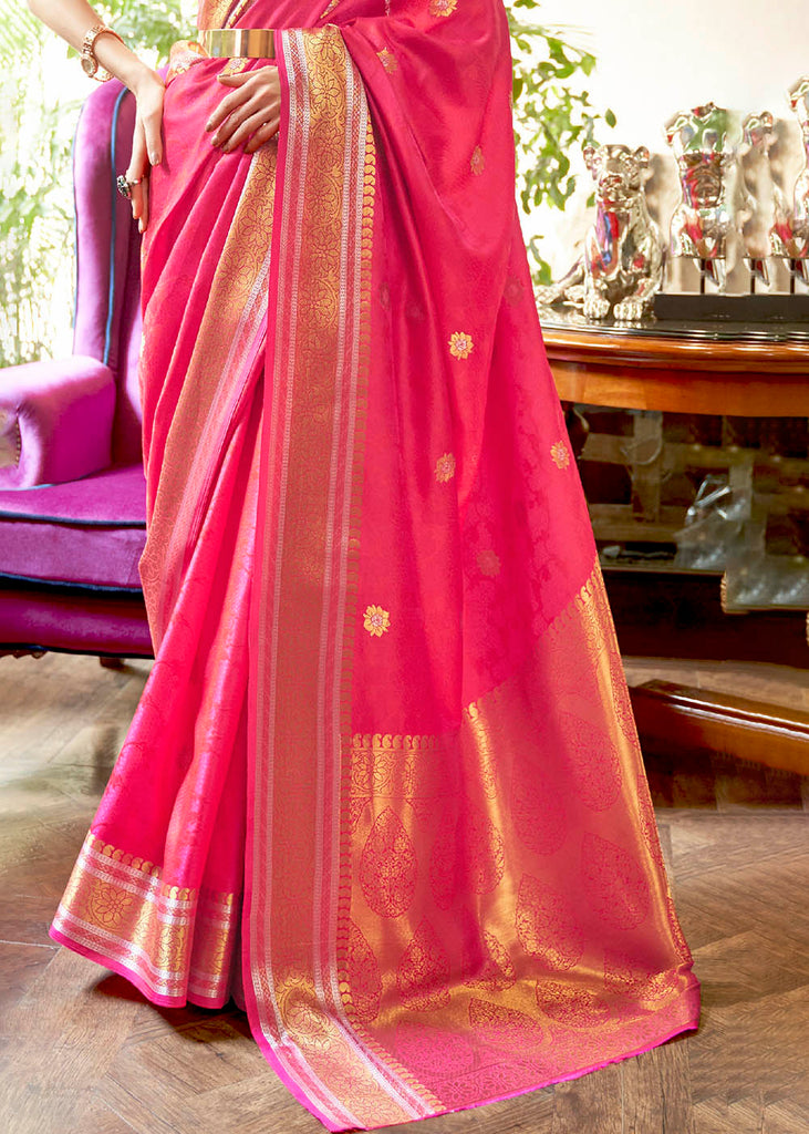 Hot Pink Kanjivaram Silk Saree Woven with Silver & Golden Zari Clothsvilla