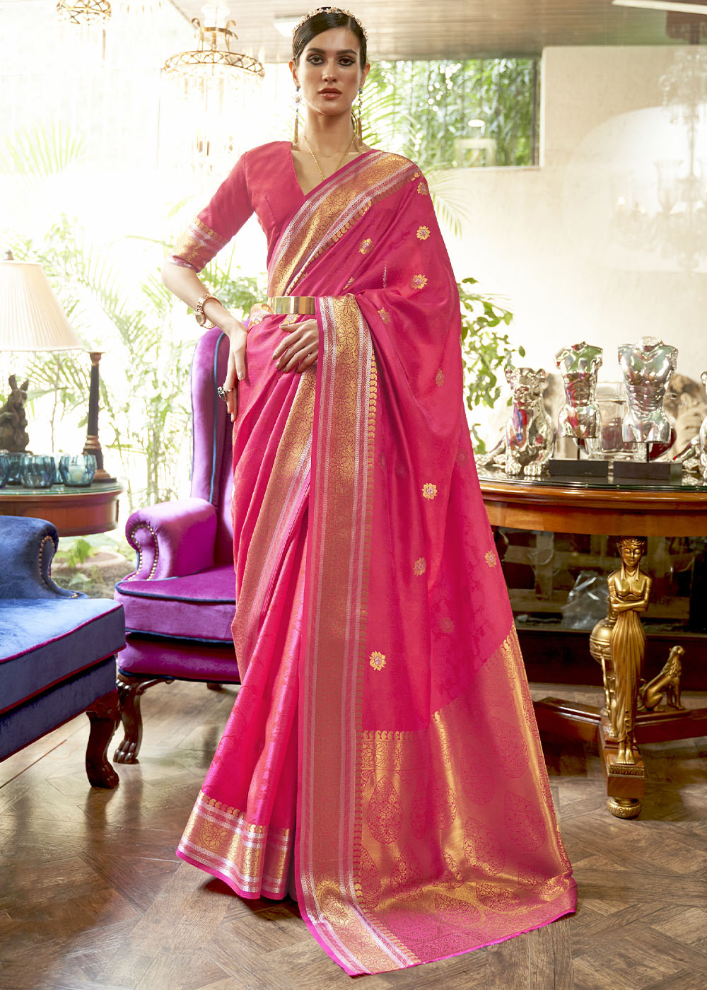 Hot Pink Kanjivaram Silk Saree Woven with Silver & Golden Zari Clothsvilla