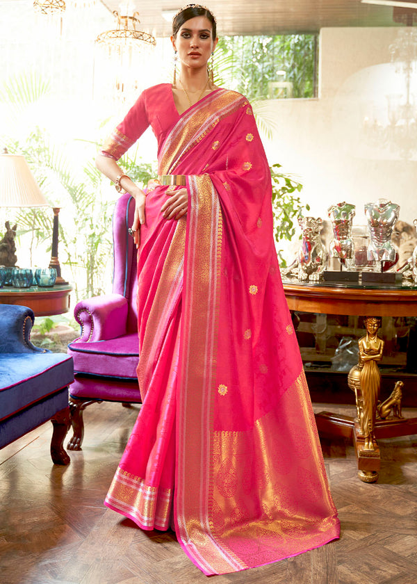 Hot Pink Kanjivaram Silk Saree Woven with Silver & Golden Zari Clothsvilla