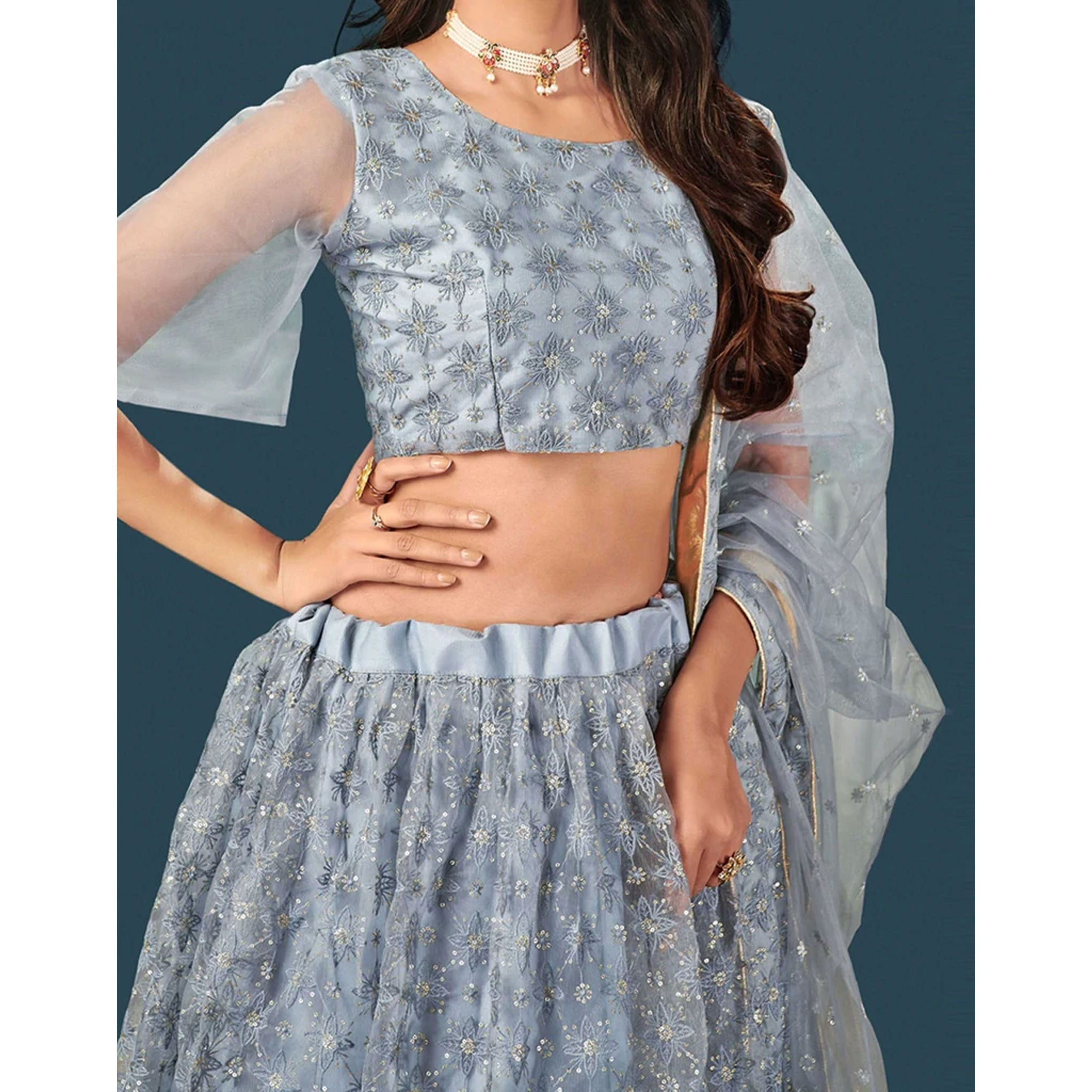 Grey Soft Net Lehenga Choli with heavy thread and sequins work ClothsVilla