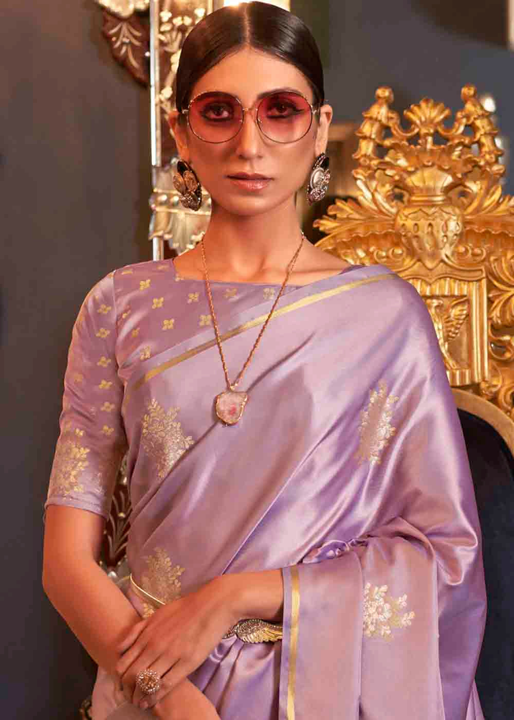 Lilac Purple Designer Satin Silk Saree Clothsvilla