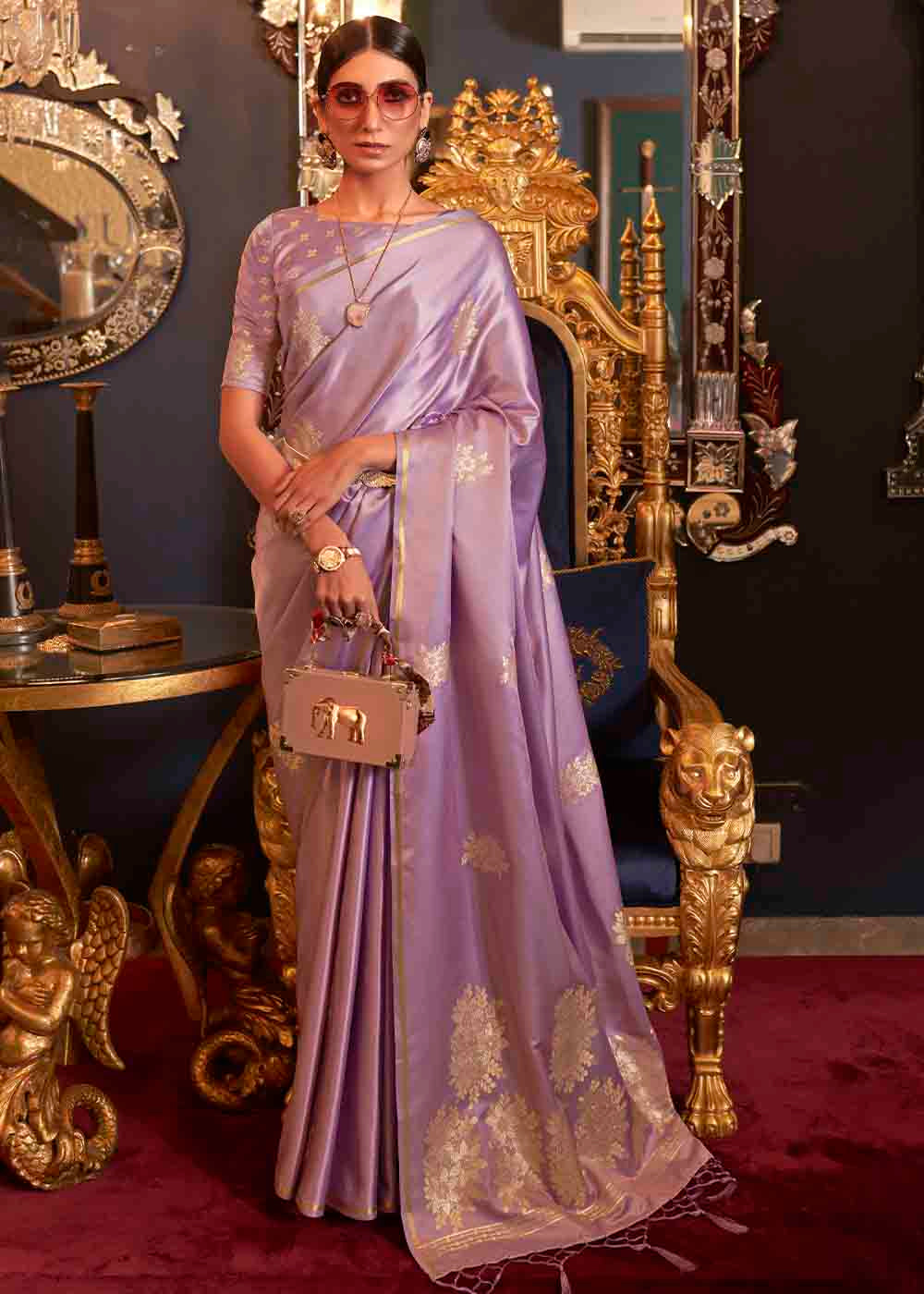 Lilac Purple Designer Satin Silk Saree Clothsvilla Main image