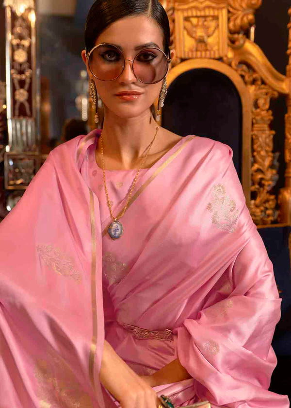 Carnation Pink Designer Satin Silk Saree Clothsvilla