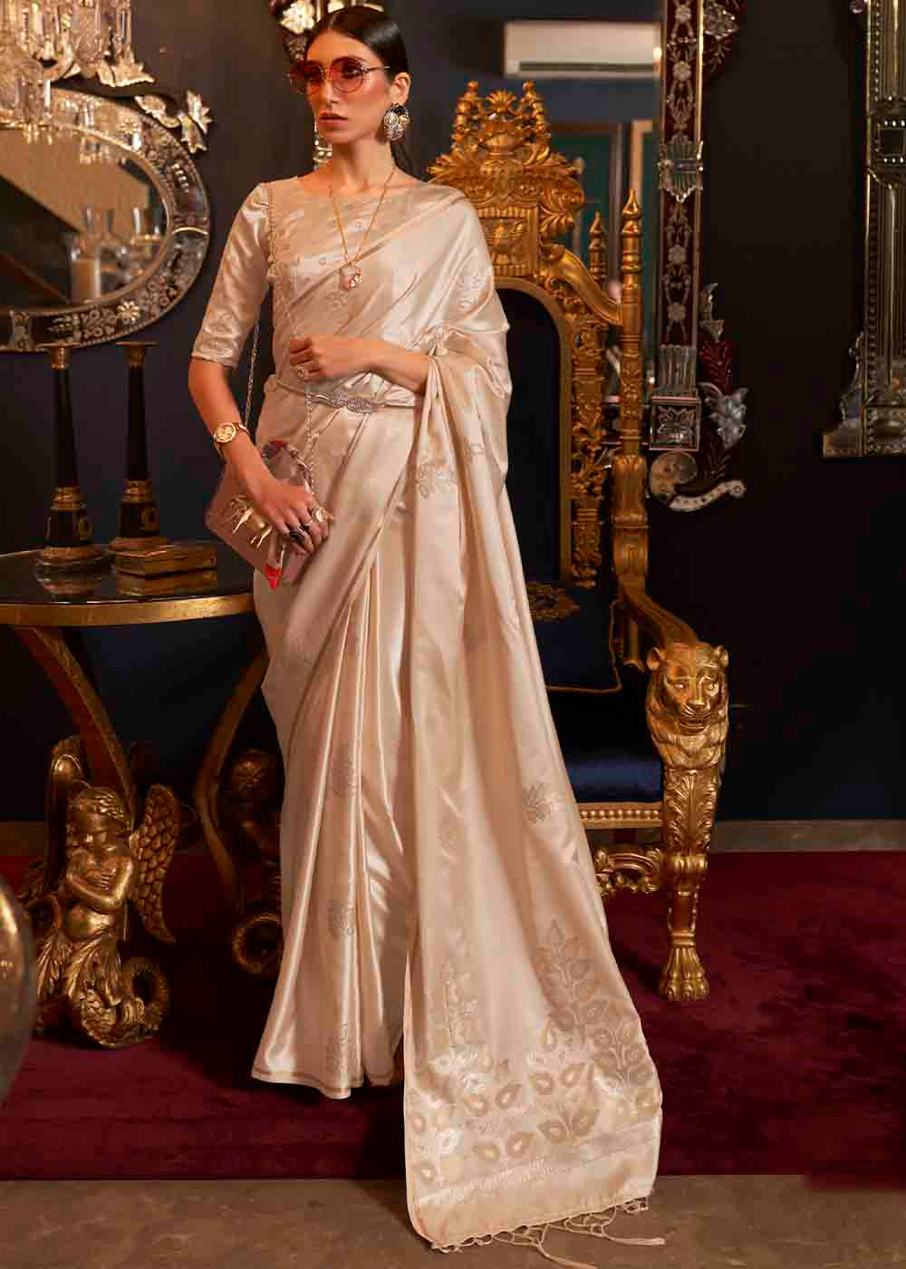 Tan Brown Designer Satin Silk Saree Clothsvilla