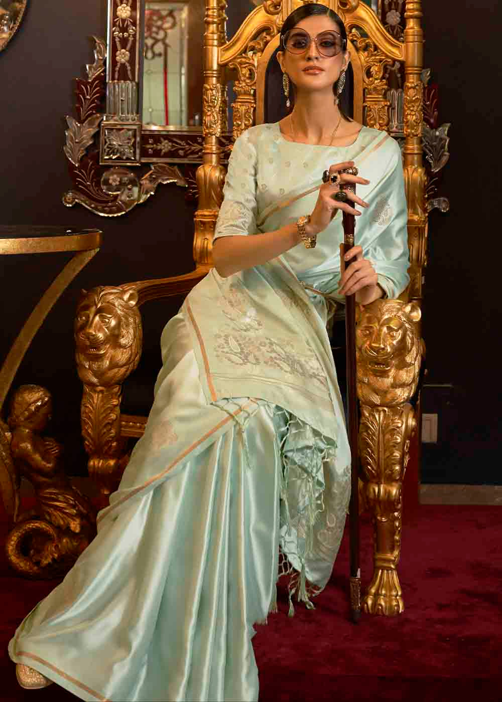 Chinoise Green Designer Satin Silk Saree Clothsvilla