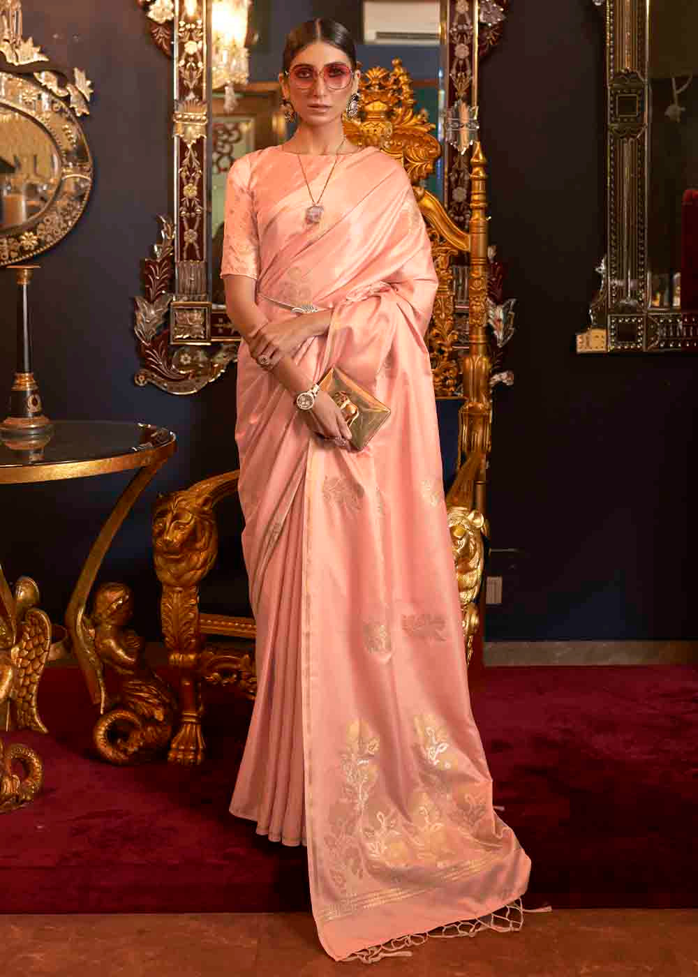 Coral Pink Designer Satin Silk Saree Clothsvilla Main image