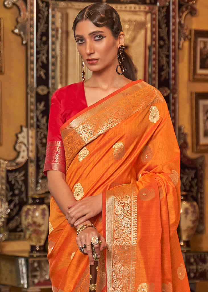 Bright Orange Zari Woven Tussar Silk Saree Clothsvilla