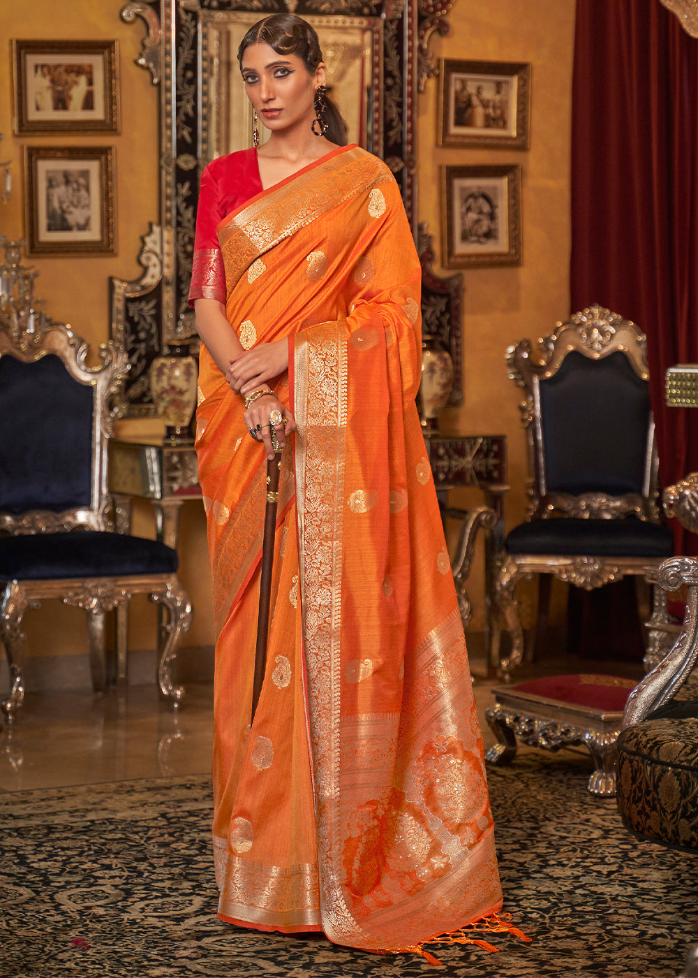 Bright Orange Zari Woven Tussar Silk Saree Clothsvilla Main image