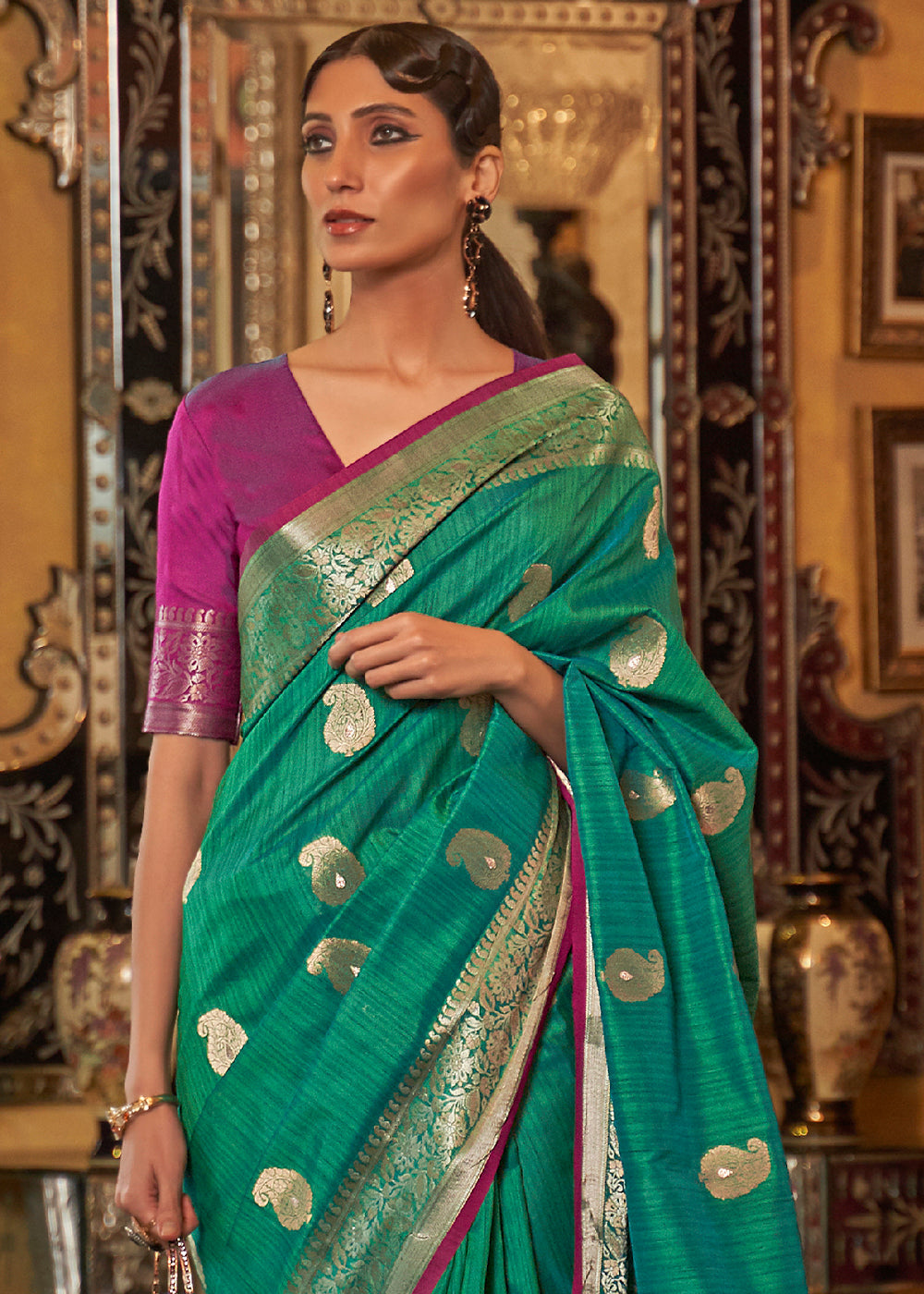 Jade Green Zari Woven Tussar Silk Saree Clothsvilla