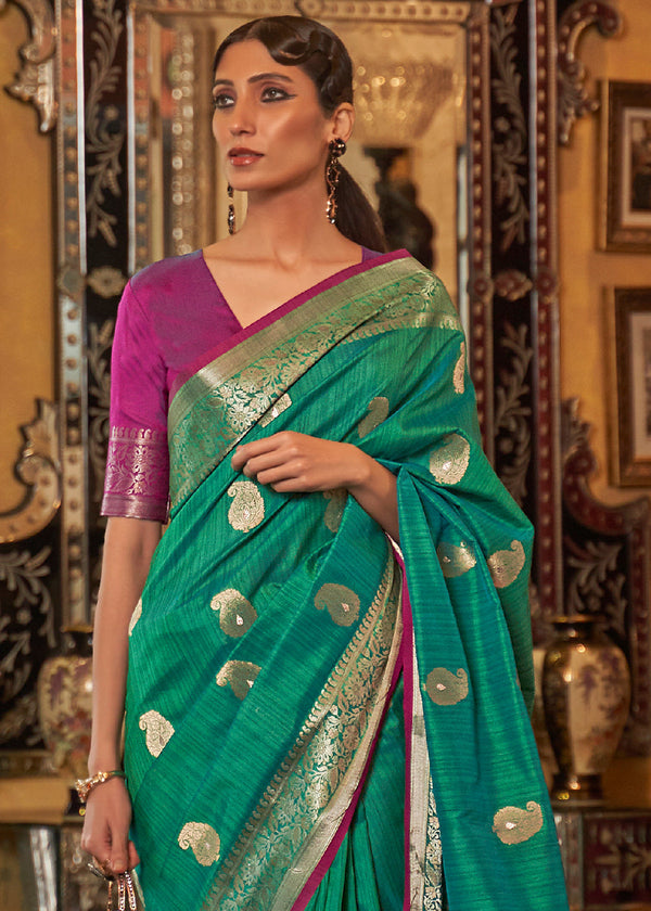 Jade Green Zari Woven Tussar Silk Saree Clothsvilla