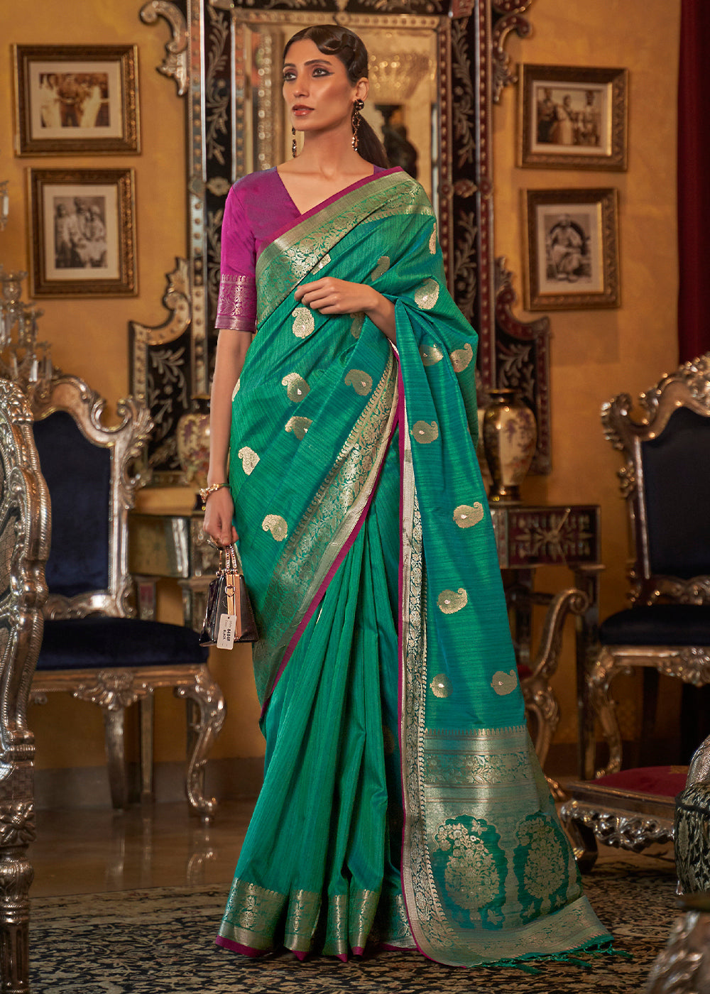 Jade Green Zari Woven Tussar Silk Saree Clothsvilla Main image