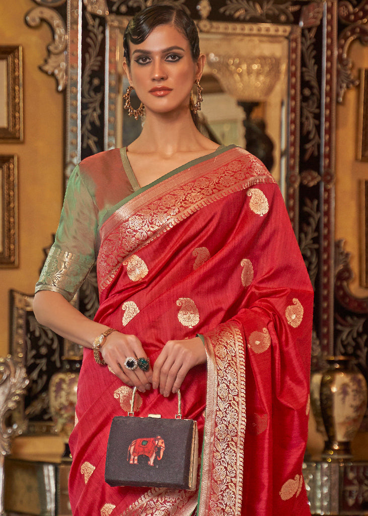 Rufous Red Zari Woven Tussar Silk Saree Clothsvilla