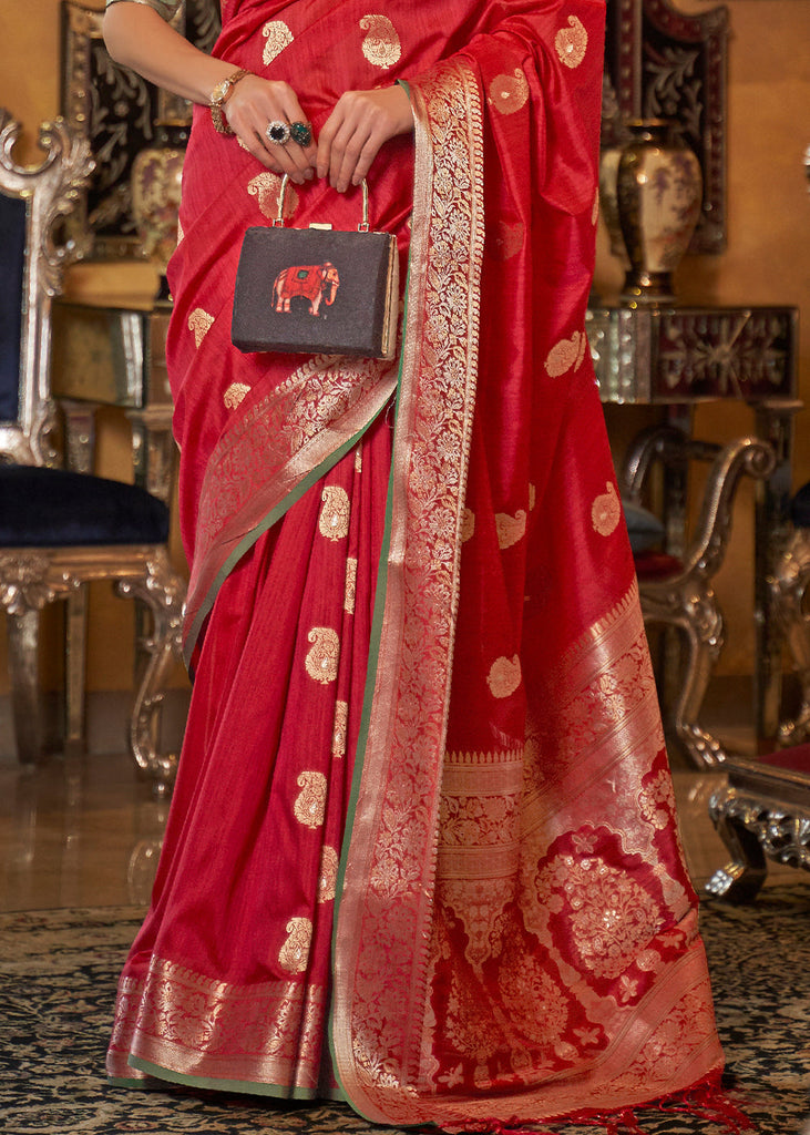 Rufous Red Zari Woven Tussar Silk Saree Clothsvilla