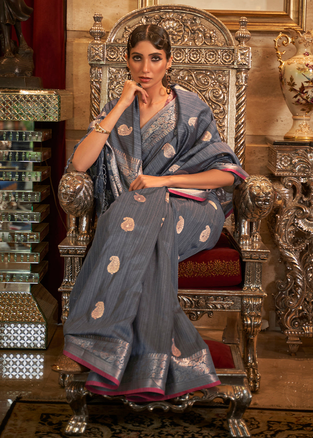 Pewter Grey Zari Woven Tussar Silk Saree Clothsvilla